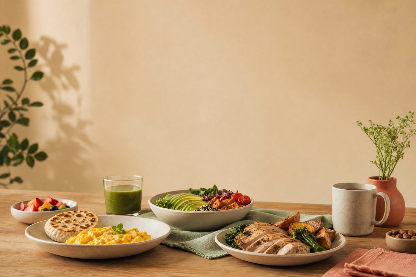 Portada del plan: huevos, bowl de vegetales, pollo con ensalada y fruta — comida real de SIN MIEDO.
